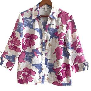 Vintage Linen Floral Top Size 8 Purple Pink Cottagecore Romantic